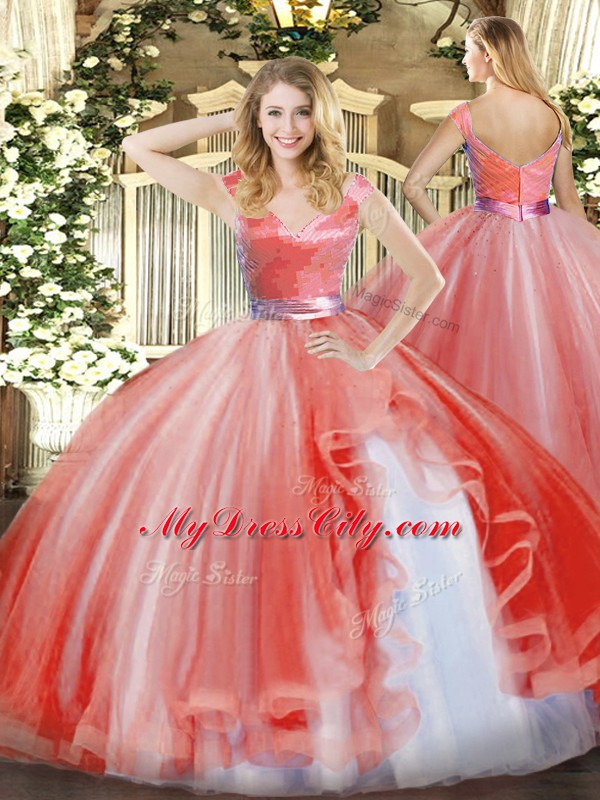 Sophisticated Watermelon Red Zipper Quinceanera Dresses Ruffles Sleeveless Floor Length