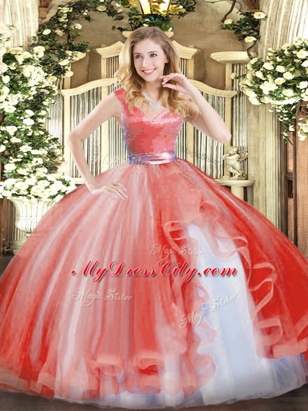 Sophisticated Watermelon Red Zipper Quinceanera Dresses Ruffles Sleeveless Floor Length