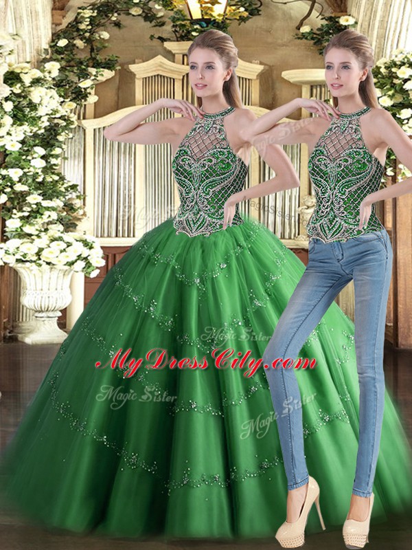 Eye-catching Green Lace Up Quinceanera Gown Beading Sleeveless Floor Length