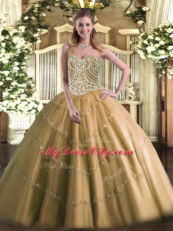 Enchanting Sleeveless Tulle Floor Length Lace Up Vestidos de Quinceanera in Brown with Beading