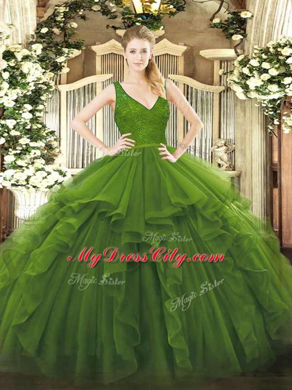 Charming Floor Length Ball Gowns Sleeveless Olive Green Quinceanera Dress Backless