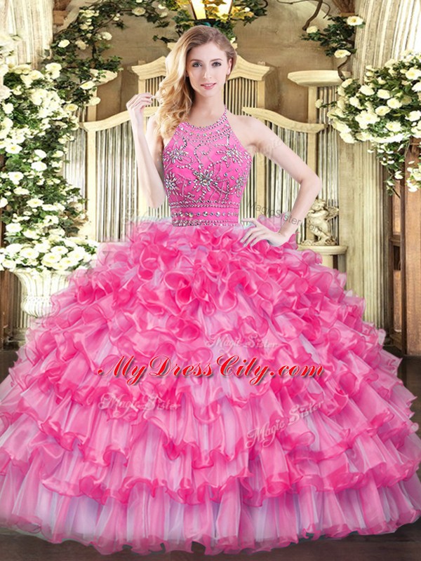 Colorful Hot Pink Halter Top Neckline Beading and Ruffled Layers Quinceanera Gowns Sleeveless Zipper