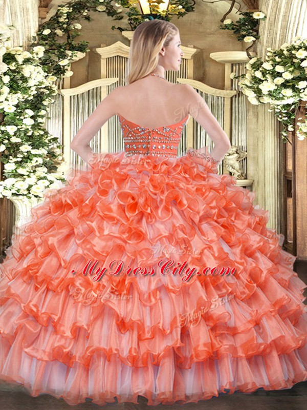 Colorful Hot Pink Halter Top Neckline Beading and Ruffled Layers Quinceanera Gowns Sleeveless Zipper