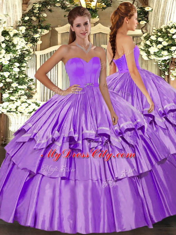 Ideal Lilac Taffeta Lace Up 15 Quinceanera Dress Sleeveless Floor Length Beading and Ruffled Layers