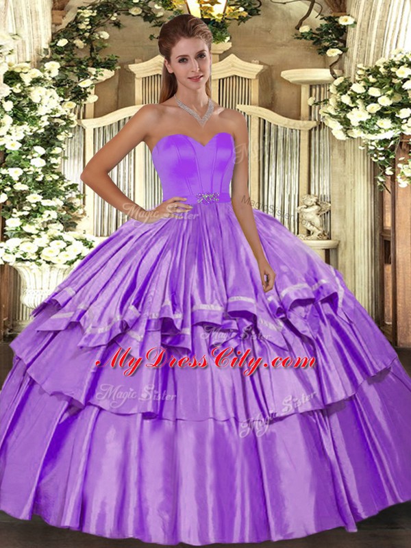 Ideal Lilac Taffeta Lace Up 15 Quinceanera Dress Sleeveless Floor Length Beading and Ruffled Layers