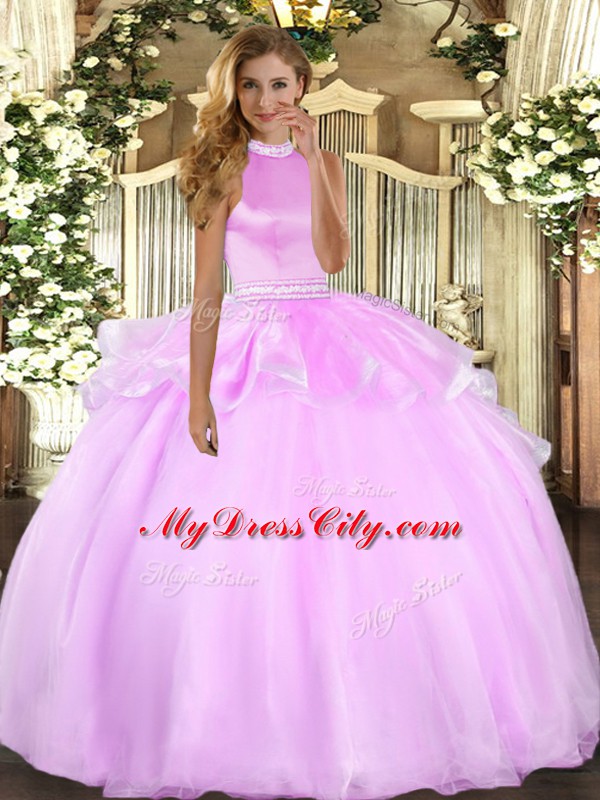 Lilac Halter Top Backless Beading and Ruffles Vestidos de Quinceanera Sleeveless