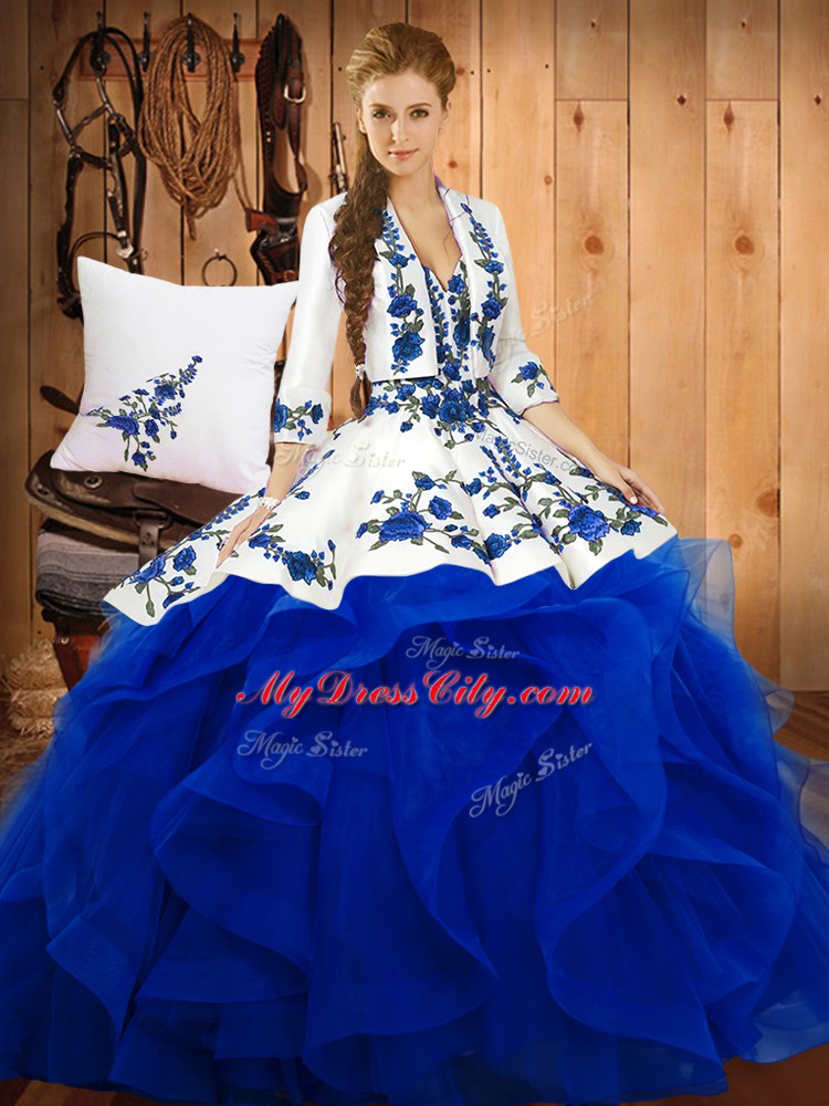 Exceptional Floor Length Blue Quinceanera Dresses Satin and Organza Sleeveless Embroidery