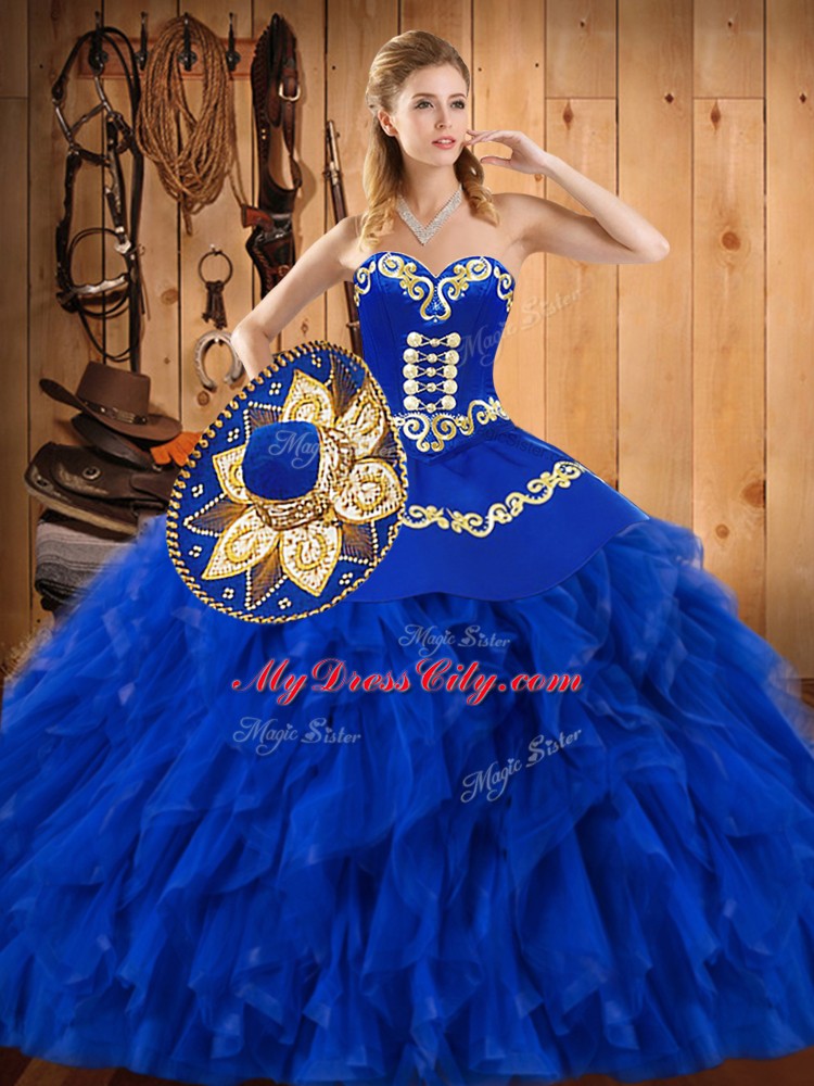 Great Sweetheart Sleeveless Satin and Organza Quince Ball Gowns Embroidery and Ruffles Lace Up