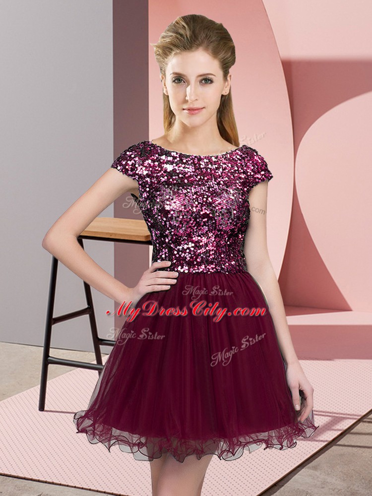 Fitting Scoop Cap Sleeves Zipper Bridesmaid Gown Burgundy Tulle