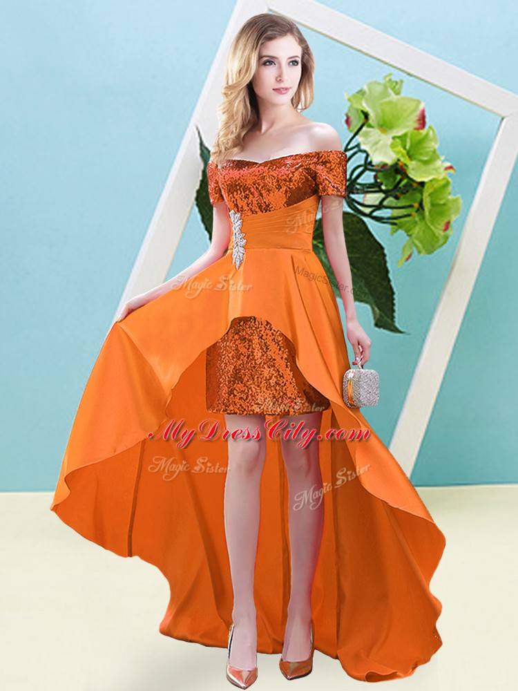 New Style Orange Empire Off The Shoulder Short Sleeves Elastic Woven Satin and Sequined High Low Lace Up Beading