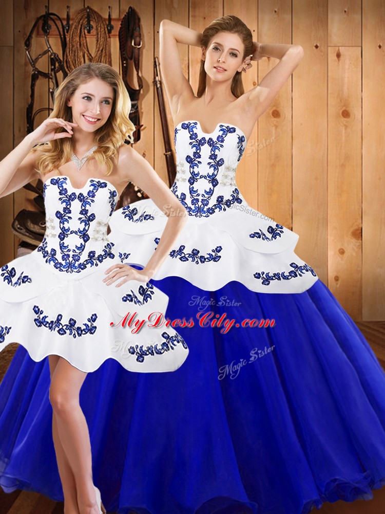 Designer Royal Blue Lace Up Strapless Embroidery Quinceanera Gowns Tulle Sleeveless