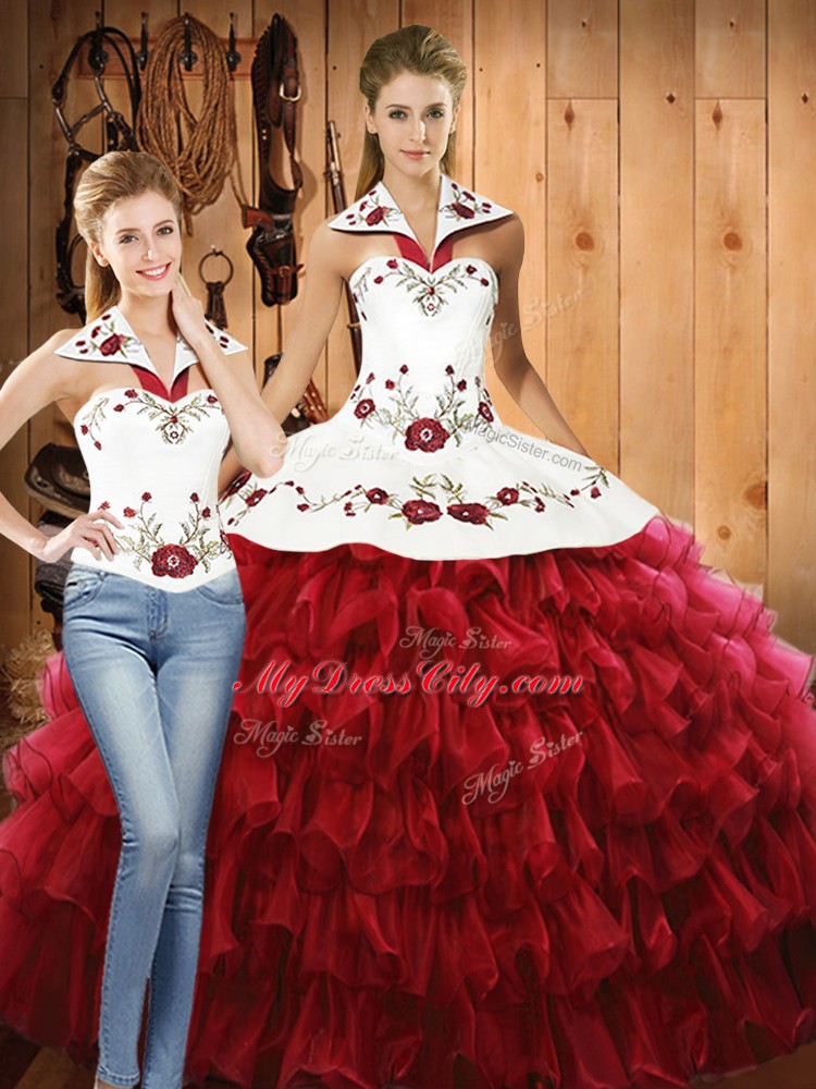 Pretty Sleeveless Organza Floor Length Lace Up Sweet 16 Dress in Red with Embroidery and Ruffled Layers