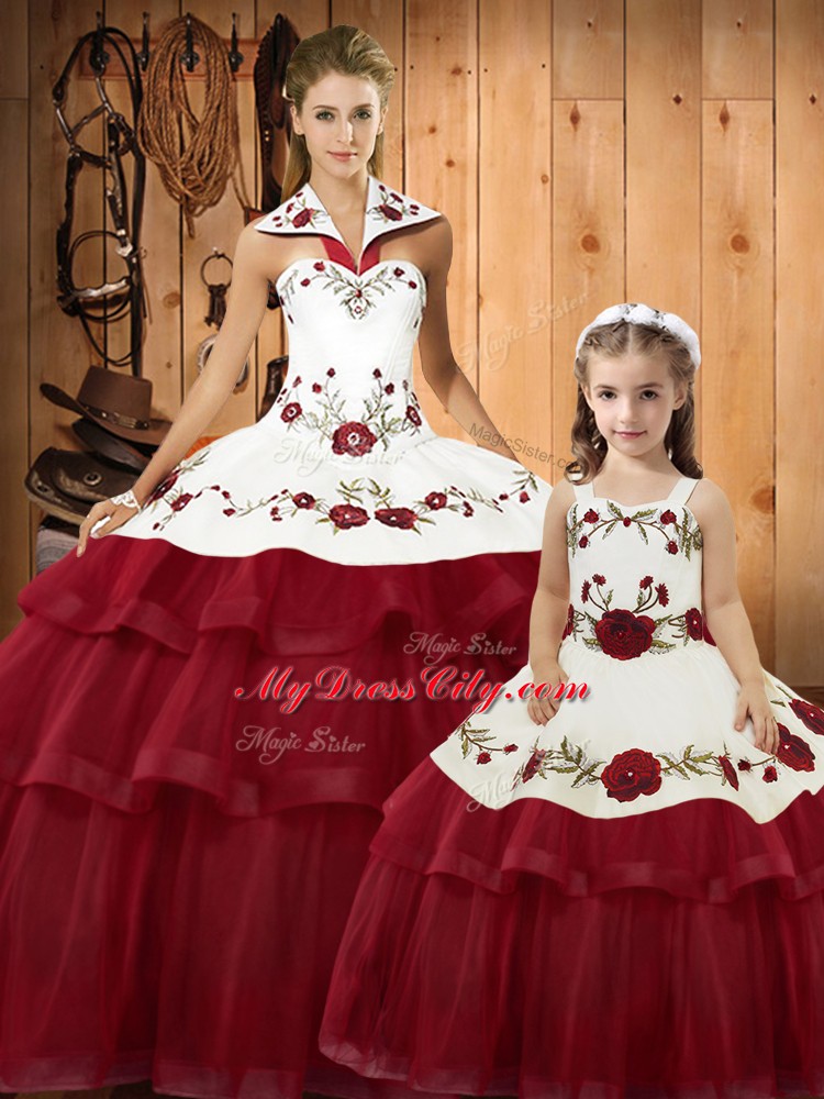 Halter Top Sleeveless Satin and Organza Quinceanera Dresses Embroidery and Ruffled Layers Brush Train Lace Up