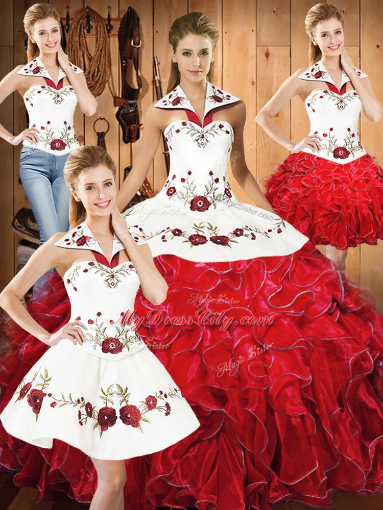 Satin and Organza Sleeveless Floor Length 15th Birthday Dress and Embroidery and Ruffles