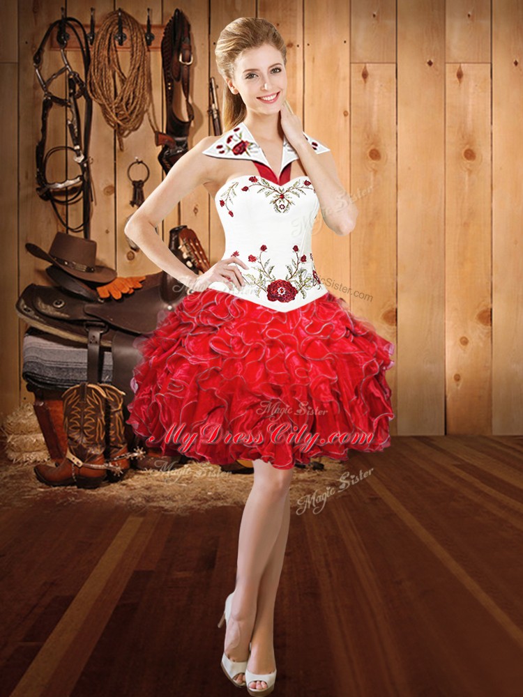 Satin and Organza Sleeveless Floor Length 15th Birthday Dress and Embroidery and Ruffles