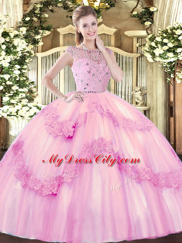 Admirable Beading and Appliques Sweet 16 Dress Rose Pink Zipper Sleeveless Floor Length