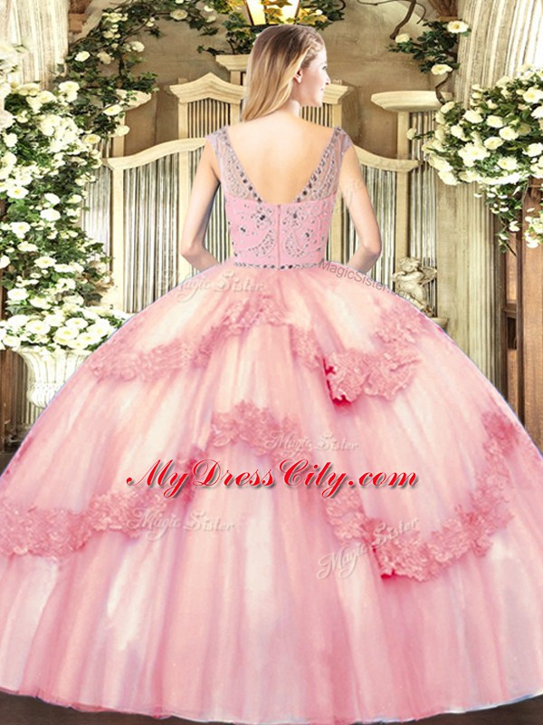 Admirable Beading and Appliques Sweet 16 Dress Rose Pink Zipper Sleeveless Floor Length