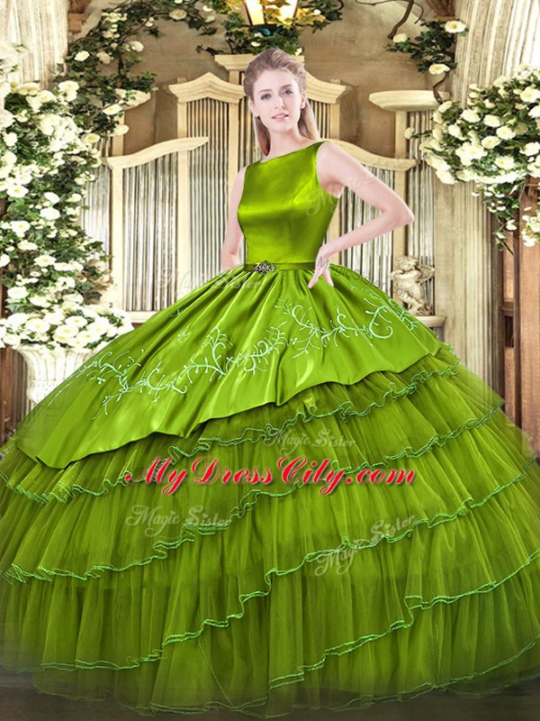 Customized Ball Gowns Vestidos de Quinceanera Olive Green Scoop Satin and Organza Sleeveless Floor Length Lace Up