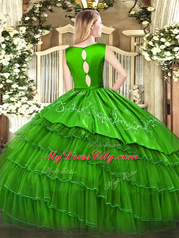 Customized Ball Gowns Vestidos de Quinceanera Olive Green Scoop Satin and Organza Sleeveless Floor Length Lace Up