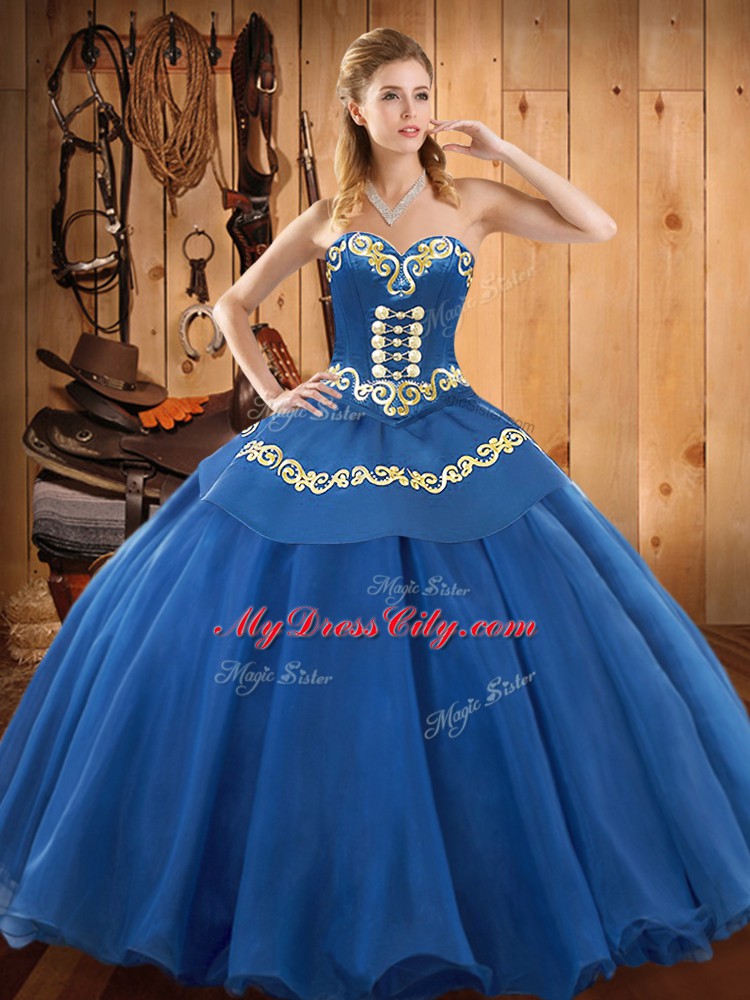 Floor Length Blue Quinceanera Dresses Tulle Sleeveless Ruffles