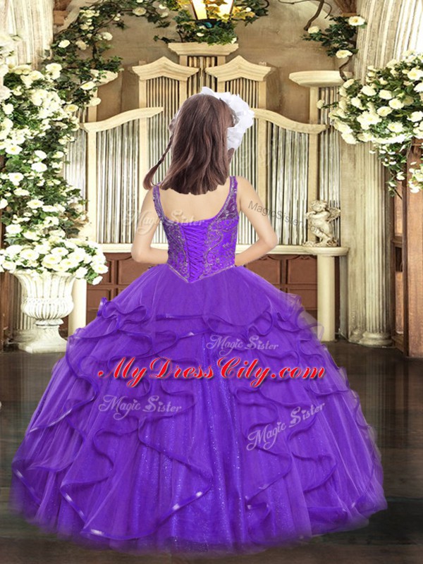 Fashion Purple Straps Neckline Beading and Ruffles Kids Pageant Dress Sleeveless Lace Up