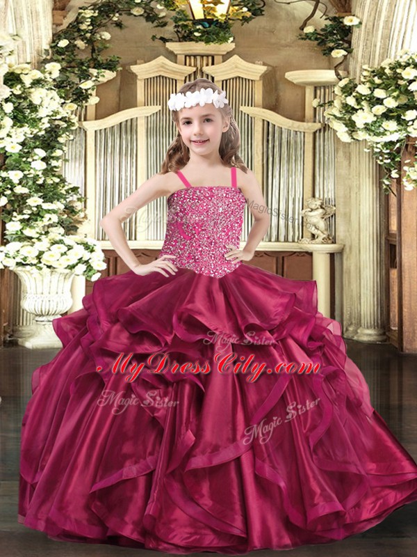 New Style Sleeveless Organza Floor Length Lace Up Kids Formal Wear in Fuchsia with Beading and Ruffles