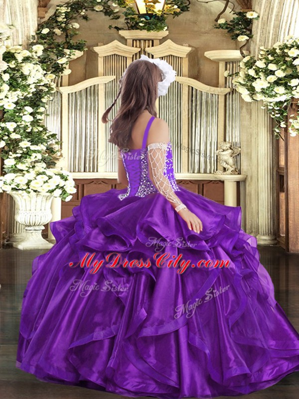 New Style Sleeveless Organza Floor Length Lace Up Kids Formal Wear in Fuchsia with Beading and Ruffles