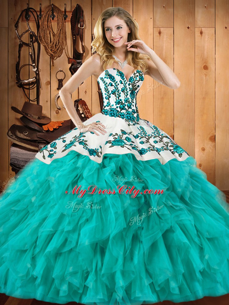 Admirable Sweetheart Sleeveless Lace Up Quinceanera Dresses Turquoise Satin and Organza