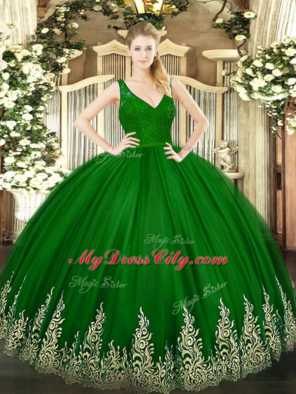 Stunning Floor Length Green 15th Birthday Dress Tulle Sleeveless Beading and Lace and Appliques