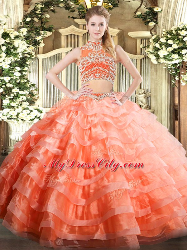 Admirable High-neck Sleeveless Tulle Sweet 16 Dresses Beading and Ruffled Layers Backless