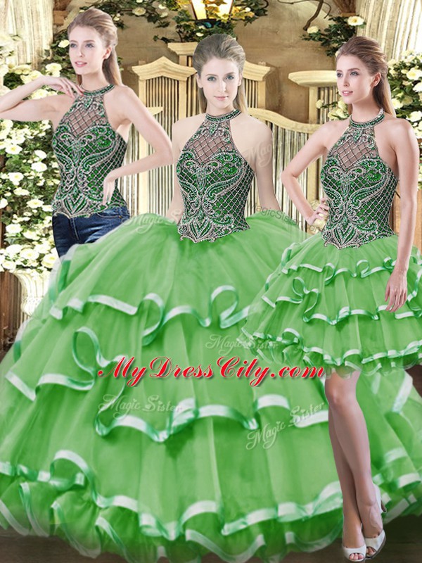 Fashionable Floor Length Green Quinceanera Dresses Organza Sleeveless Beading and Ruffled Layers