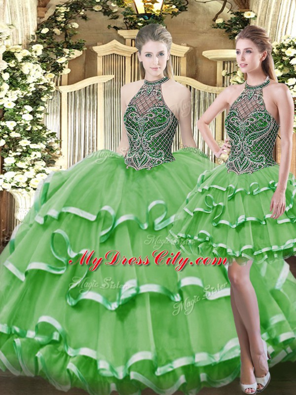 Fashionable Floor Length Green Quinceanera Dresses Organza Sleeveless Beading and Ruffled Layers