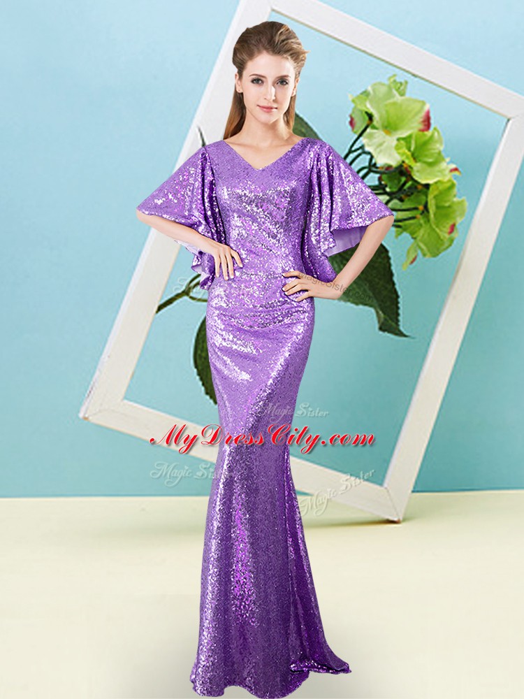 Sweet Lavender Sequined Zipper V-neck Half Sleeves Floor Length Prom Evening Gown Sequins