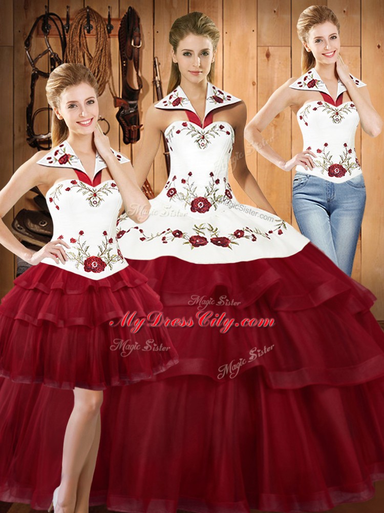 Fantastic Wine Red Quinceanera Dresses Military Ball and Sweet 16 and Quinceanera with Embroidery and Ruffled Layers Halter Top Sleeveless Sweep Train Lace Up