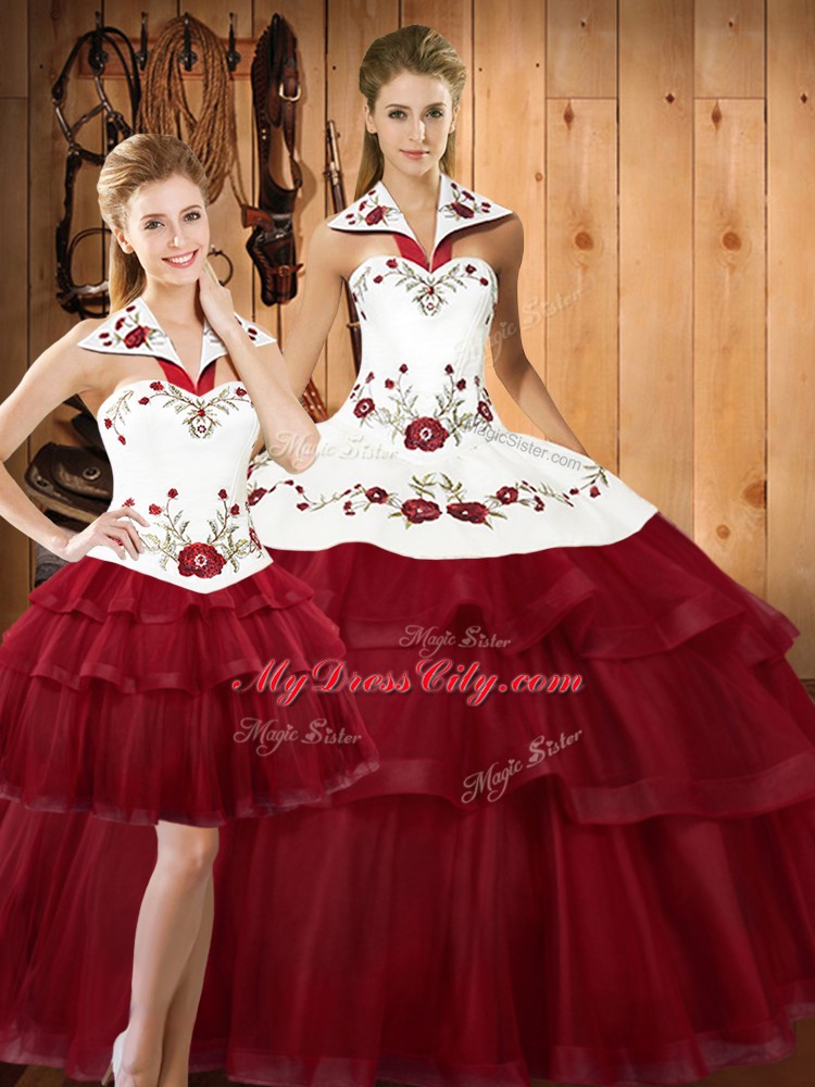 Fantastic Wine Red Quinceanera Dresses Military Ball and Sweet 16 and Quinceanera with Embroidery and Ruffled Layers Halter Top Sleeveless Sweep Train Lace Up