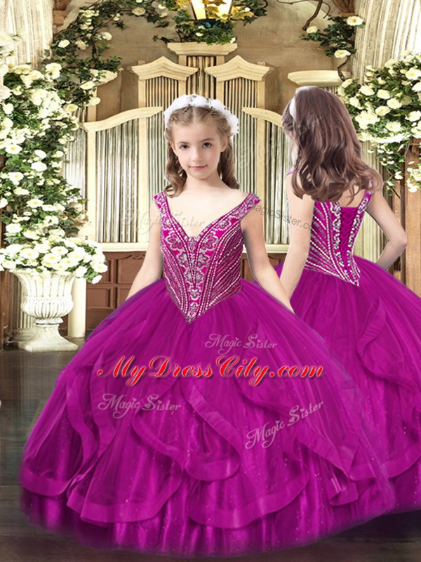 Fuchsia Sleeveless Beading and Ruffles Floor Length Little Girls Pageant Dress Wholesale