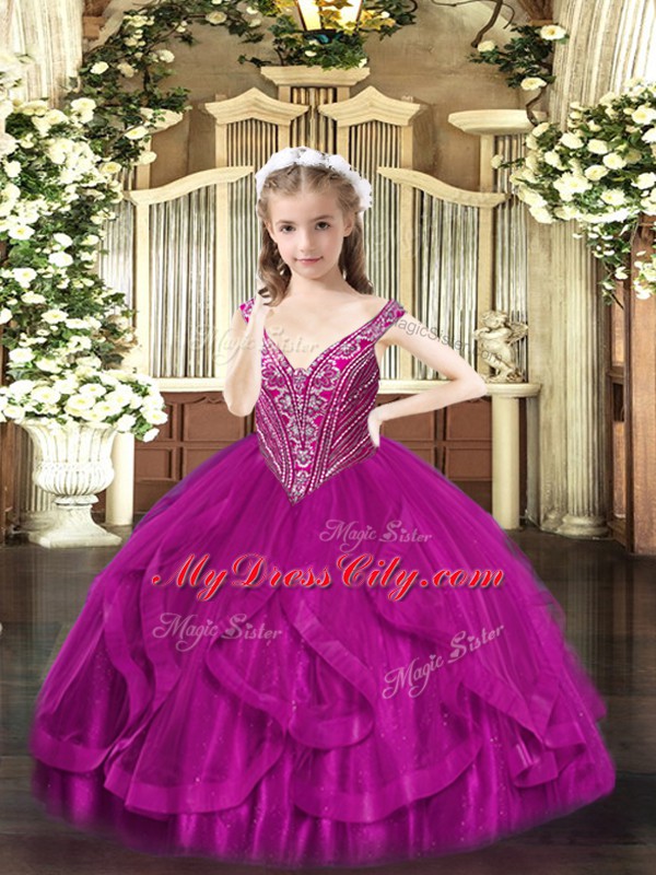 Fuchsia Sleeveless Beading and Ruffles Floor Length Little Girls Pageant Dress Wholesale