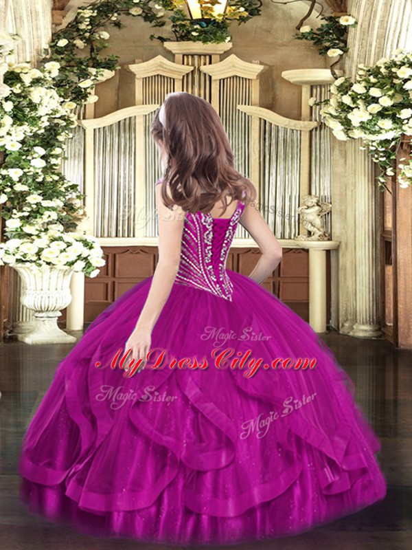 Fuchsia Sleeveless Beading and Ruffles Floor Length Little Girls Pageant Dress Wholesale