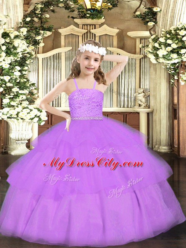 Lavender Sleeveless Floor Length Beading and Lace Zipper Little Girls Pageant Dress