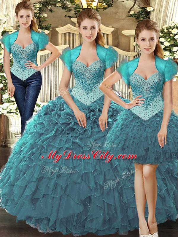 Sexy Teal Sleeveless Beading and Ruffles Floor Length 15 Quinceanera Dress