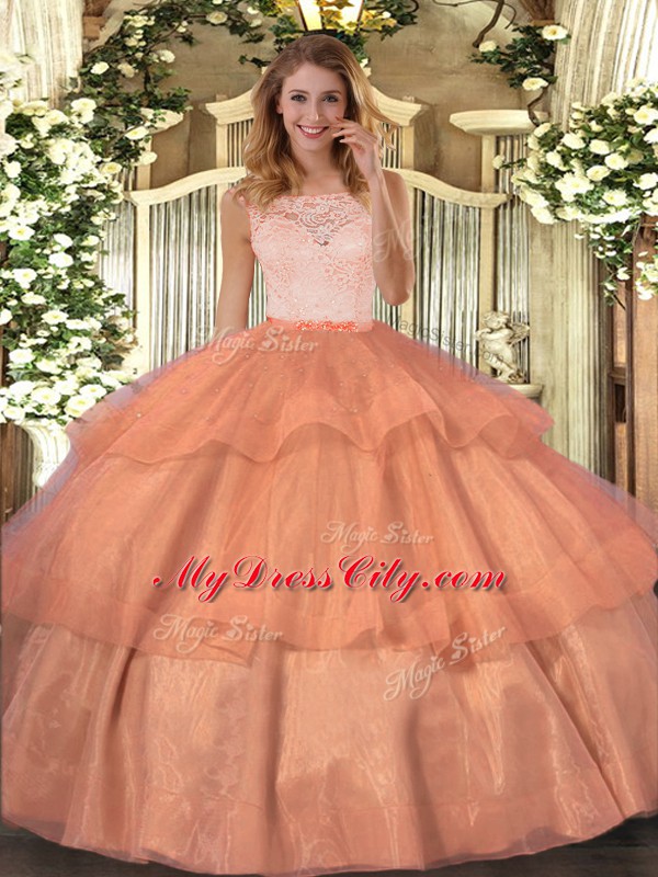 Orange Sleeveless Lace and Ruffled Layers Floor Length Quinceanera Gowns