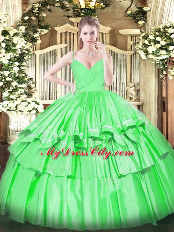 Chic Green Spaghetti Straps Zipper Ruffled Layers Quinceanera Gown Sleeveless