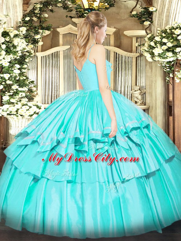 Chic Green Spaghetti Straps Zipper Ruffled Layers Quinceanera Gown Sleeveless