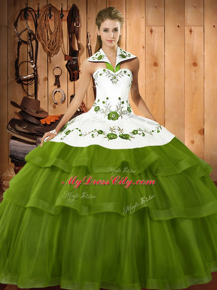 Amazing Embroidery and Ruffled Layers Sweet 16 Dresses Olive Green Lace Up Sleeveless Sweep Train