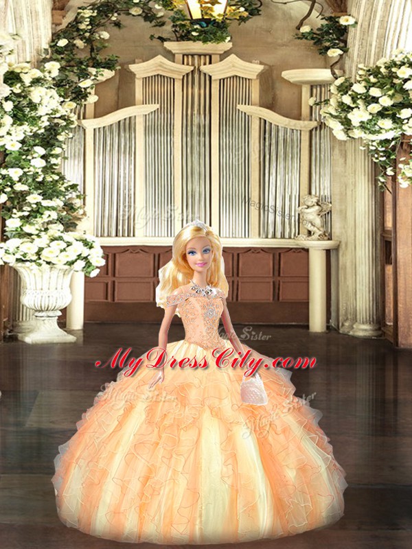 Sexy Sleeveless Floor Length Beading and Ruffles Lace Up Sweet 16 Dress with Orange Red