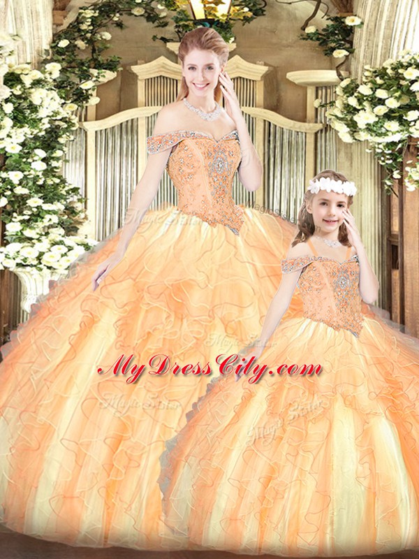 Sexy Sleeveless Floor Length Beading and Ruffles Lace Up Sweet 16 Dress with Orange Red