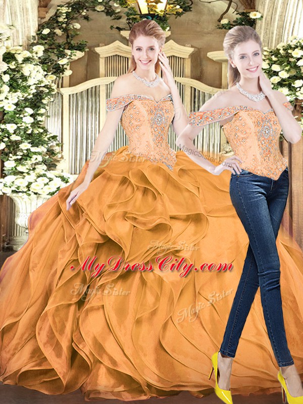 Sleeveless Organza Floor Length Lace Up Sweet 16 Quinceanera Dress in Orange Red with Beading and Ruffles