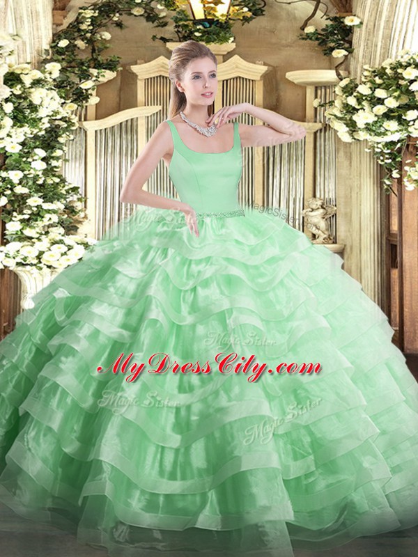 Custom Design Floor Length Zipper Sweet 16 Dress Apple Green for Military Ball and Sweet 16 and Quinceanera with Beading and Ruffled Layers