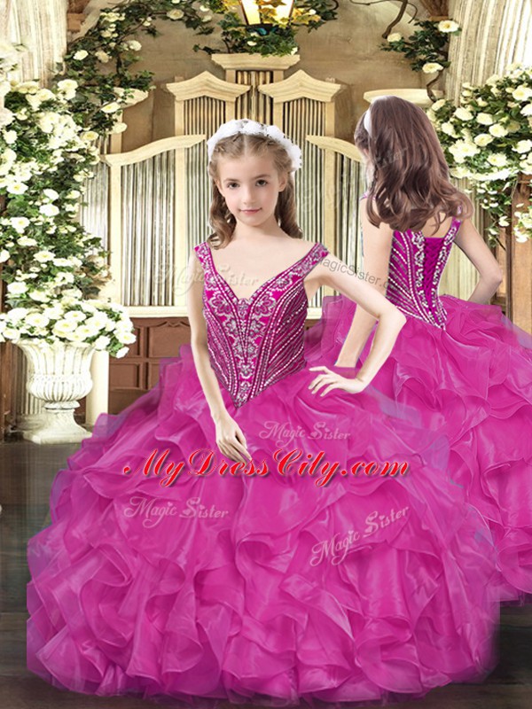 V-neck Sleeveless Organza Little Girl Pageant Gowns Beading and Ruffles Lace Up