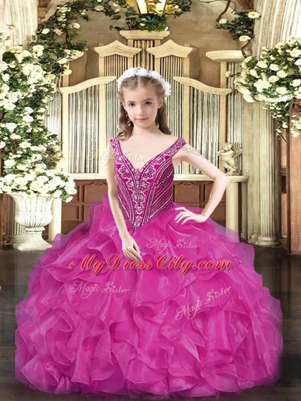 V-neck Sleeveless Organza Little Girl Pageant Gowns Beading and Ruffles Lace Up